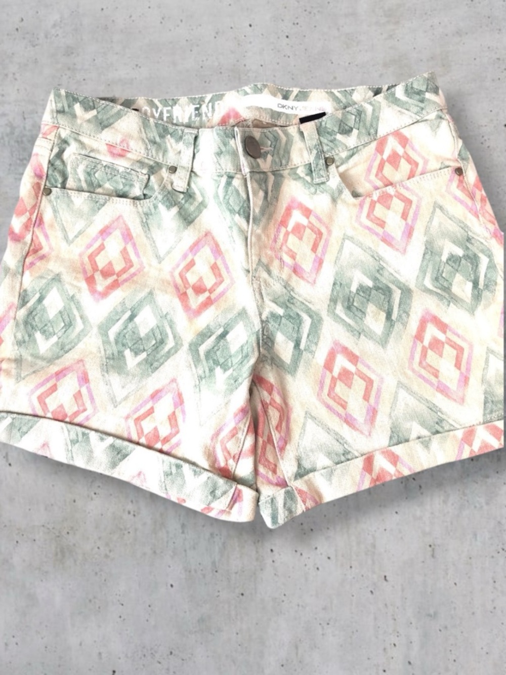 DKNY Jeans Geometric Boho Aztec Printed High Rise Rolled Hem Boyfriend Shorts 6